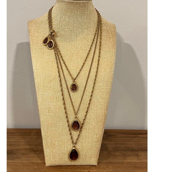 Multi-Strand Gold Tone Necklace & Earrings w/Teardrop Purple Glass Pendants - Picture 1 of 12
